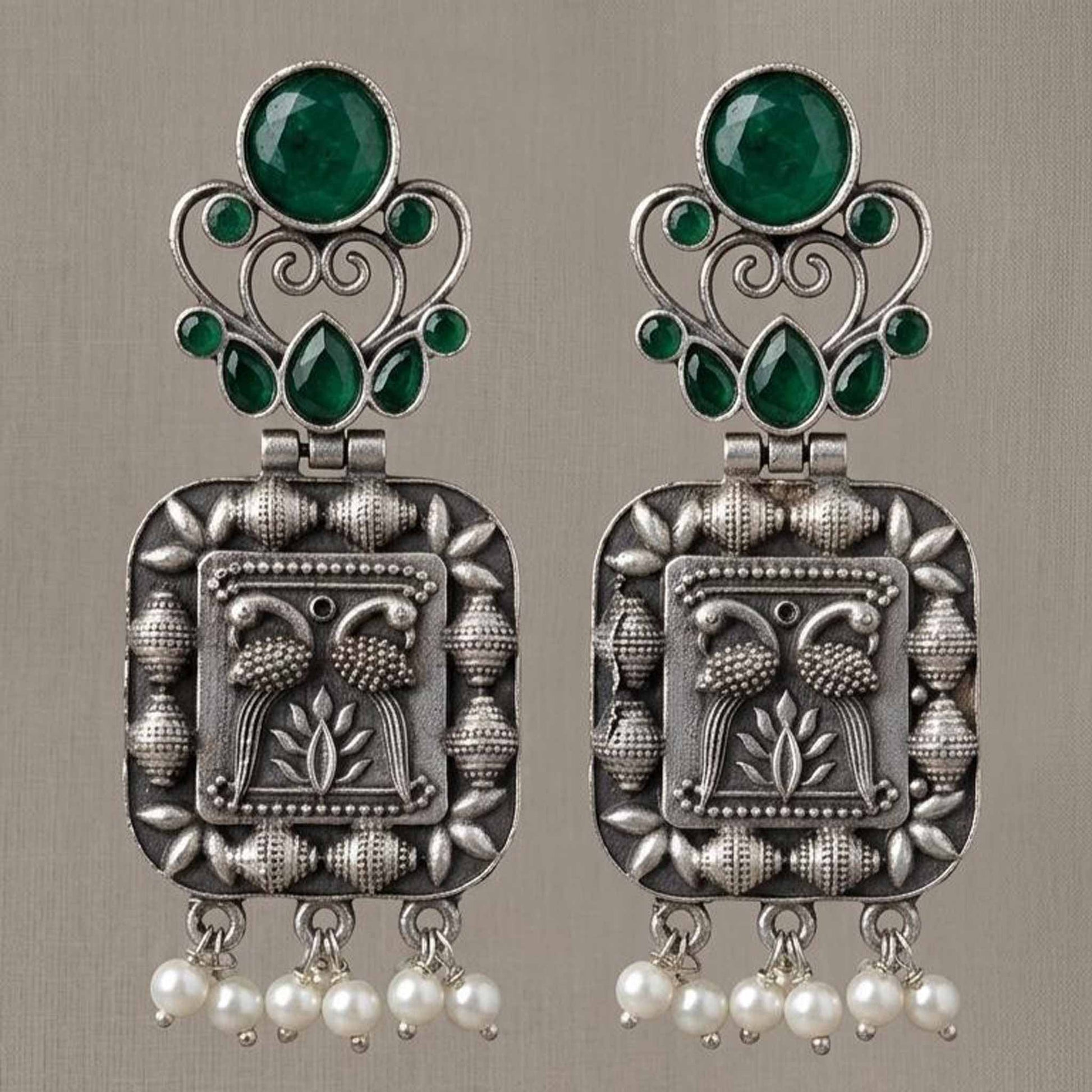 Emerald green peacock German silver pearl drop earrings front view