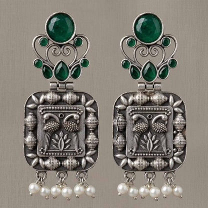 Emerald green peacock German silver pearl drop earrings front view