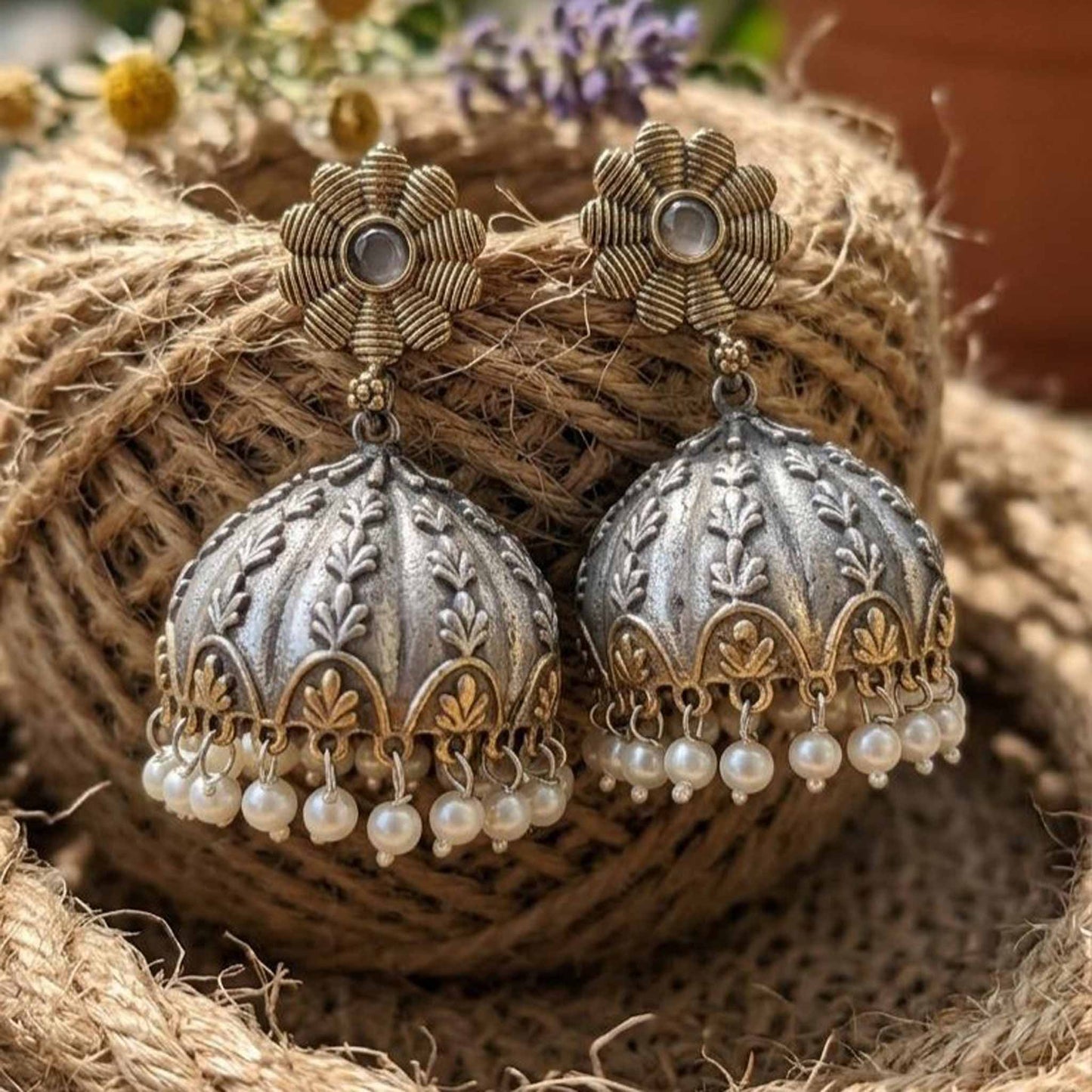 Dual tone German Silver jhumka earrings with pearls