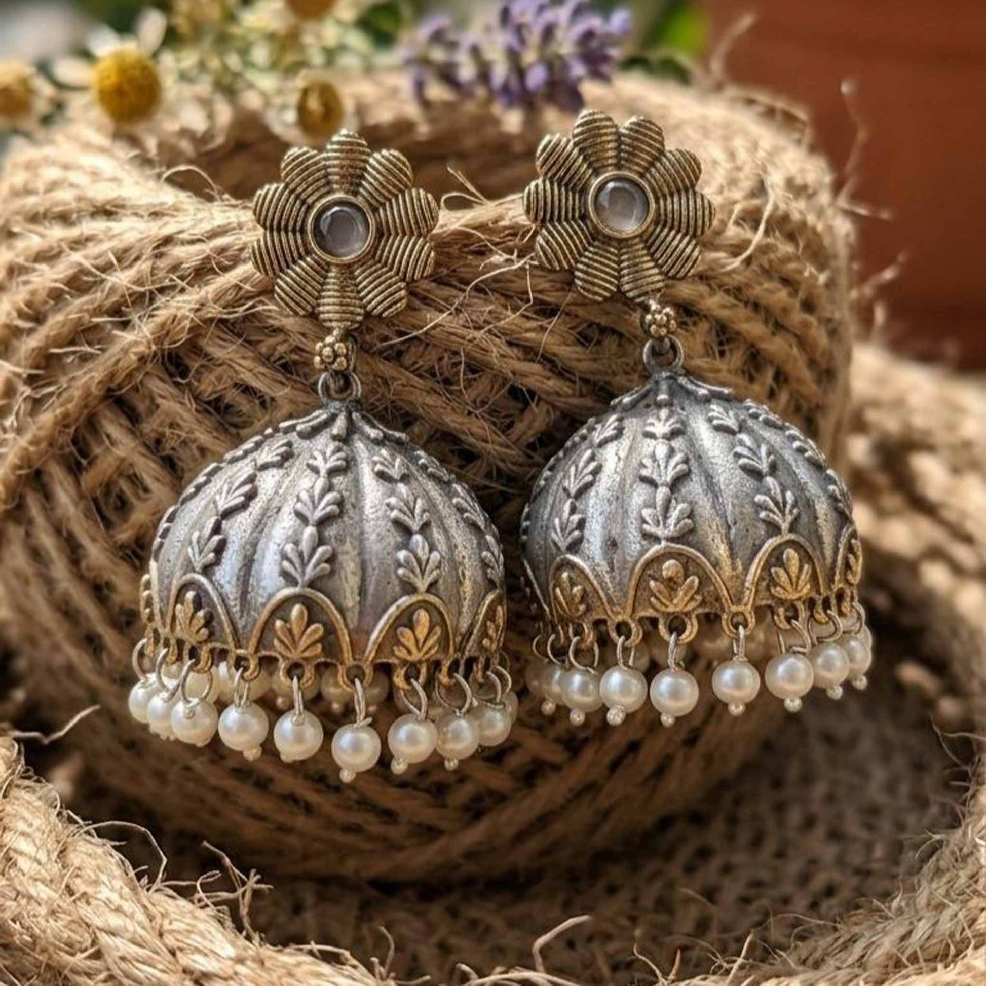 Dual tone German Silver jhumka earrings with pearls