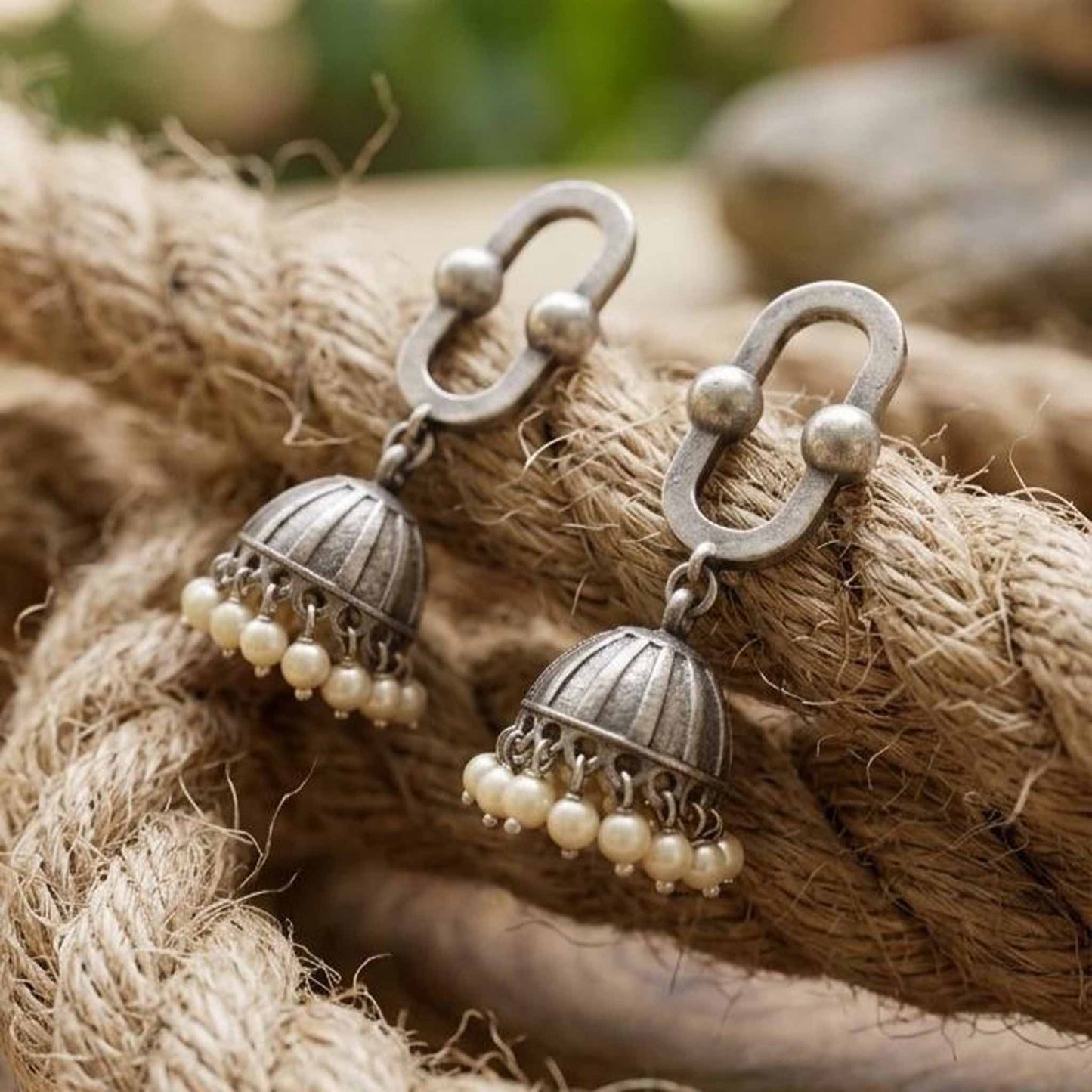 Oval Border Pearl Jhumki Earrings rustic rope styling