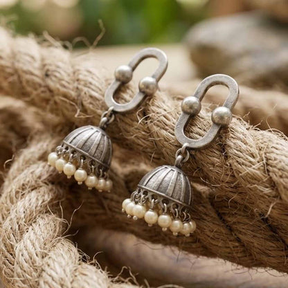 Oval Border Pearl Jhumki Earrings rustic rope styling