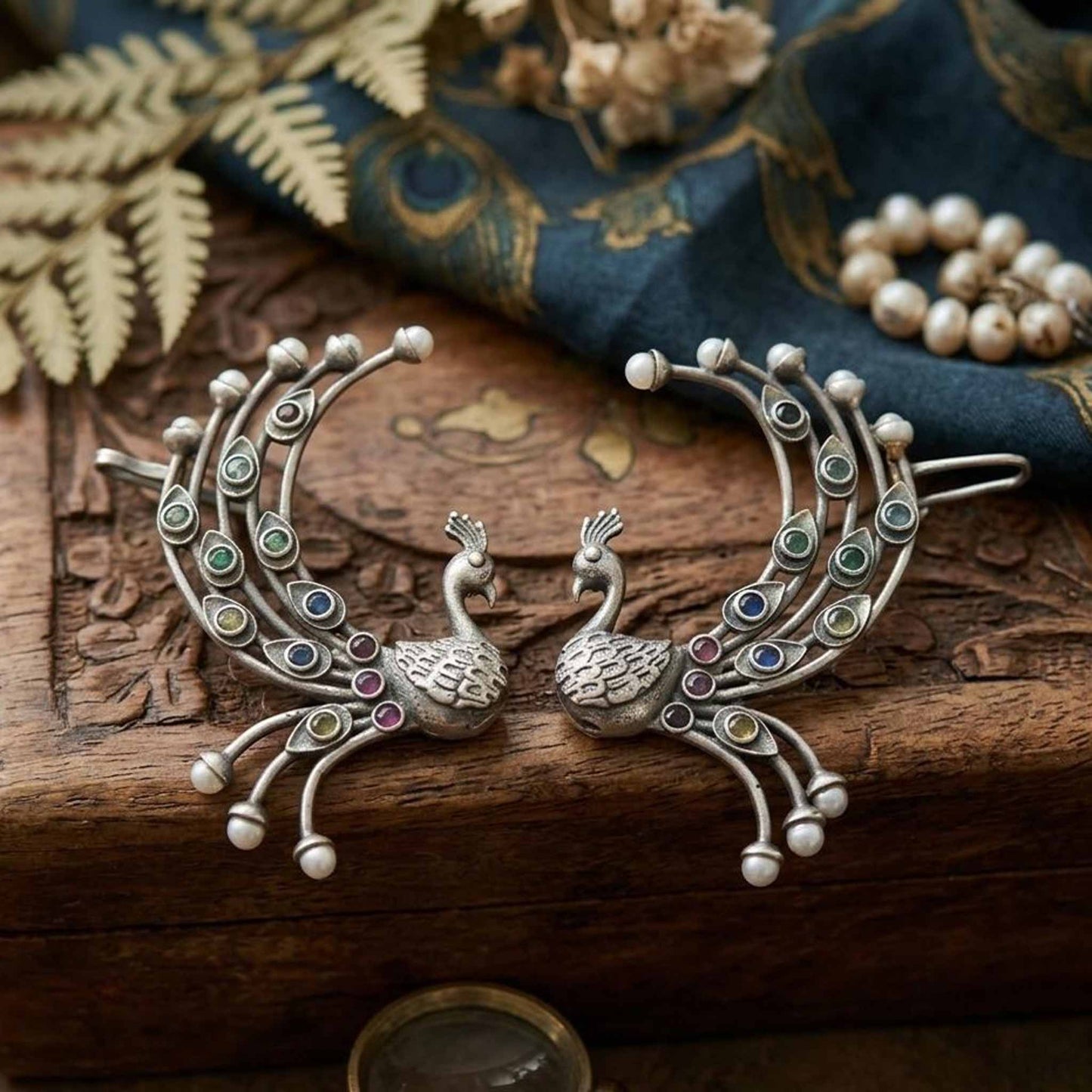 German Silver peacock stone ear cuffs on carved wood