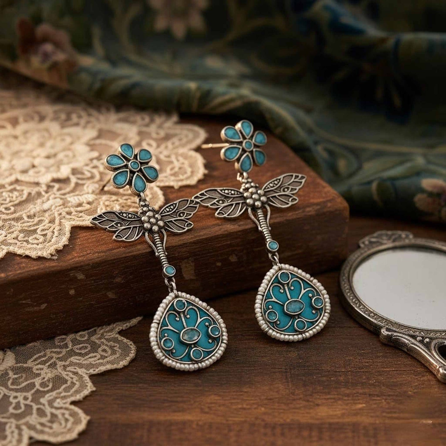Dragonfly Floral Design German Silver Drop Earrings