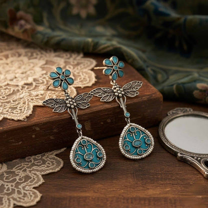 Dragonfly Floral Design German Silver Drop Earrings