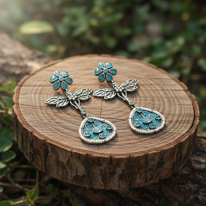 Dragonfly Floral Design German Silver Drop Earrings