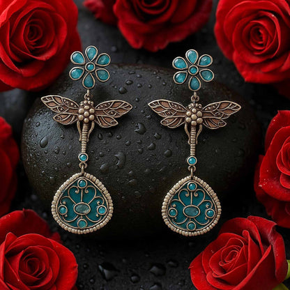 Dragonfly Floral Design German Silver Drop Earrings