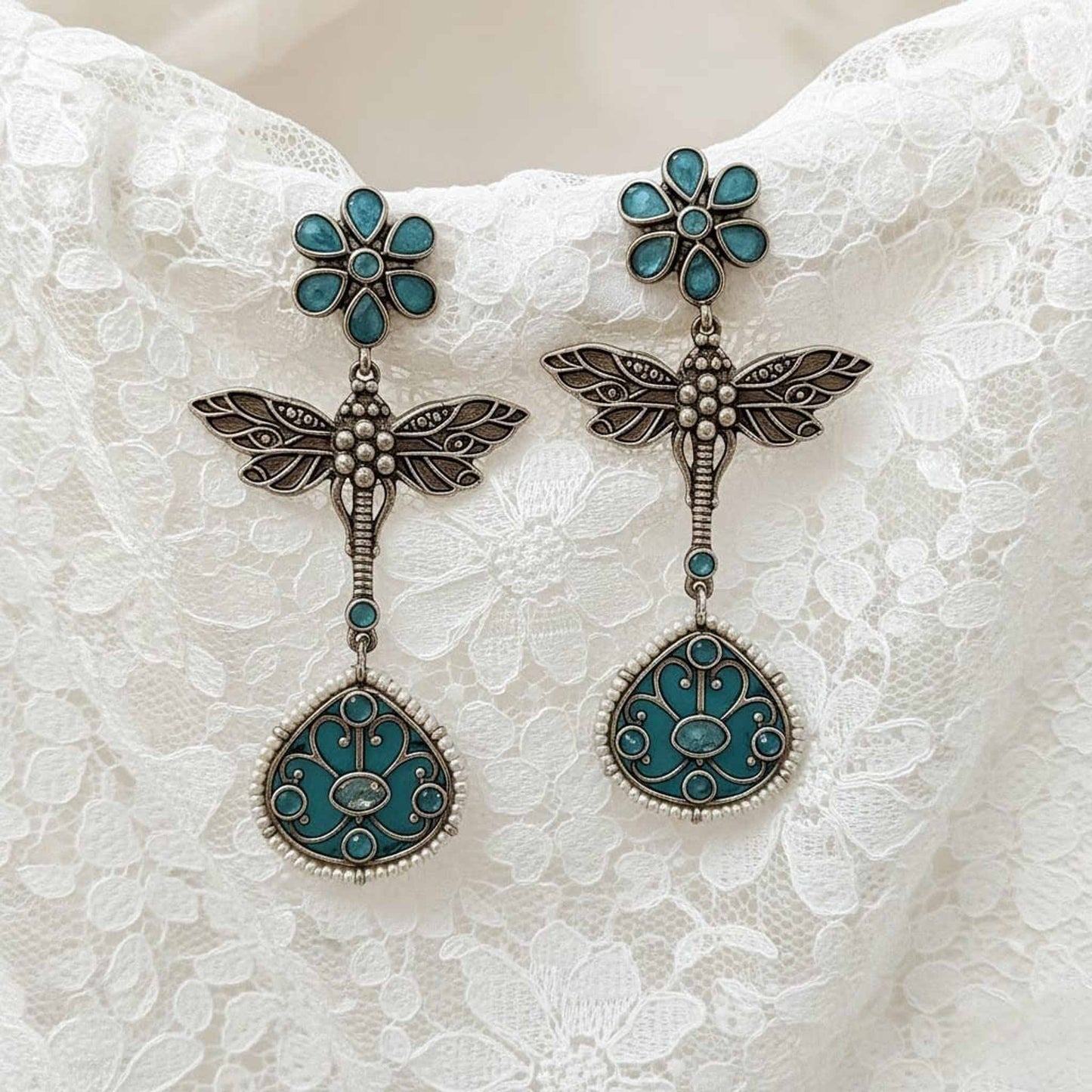 Dragonfly Floral Design German Silver Drop Earrings