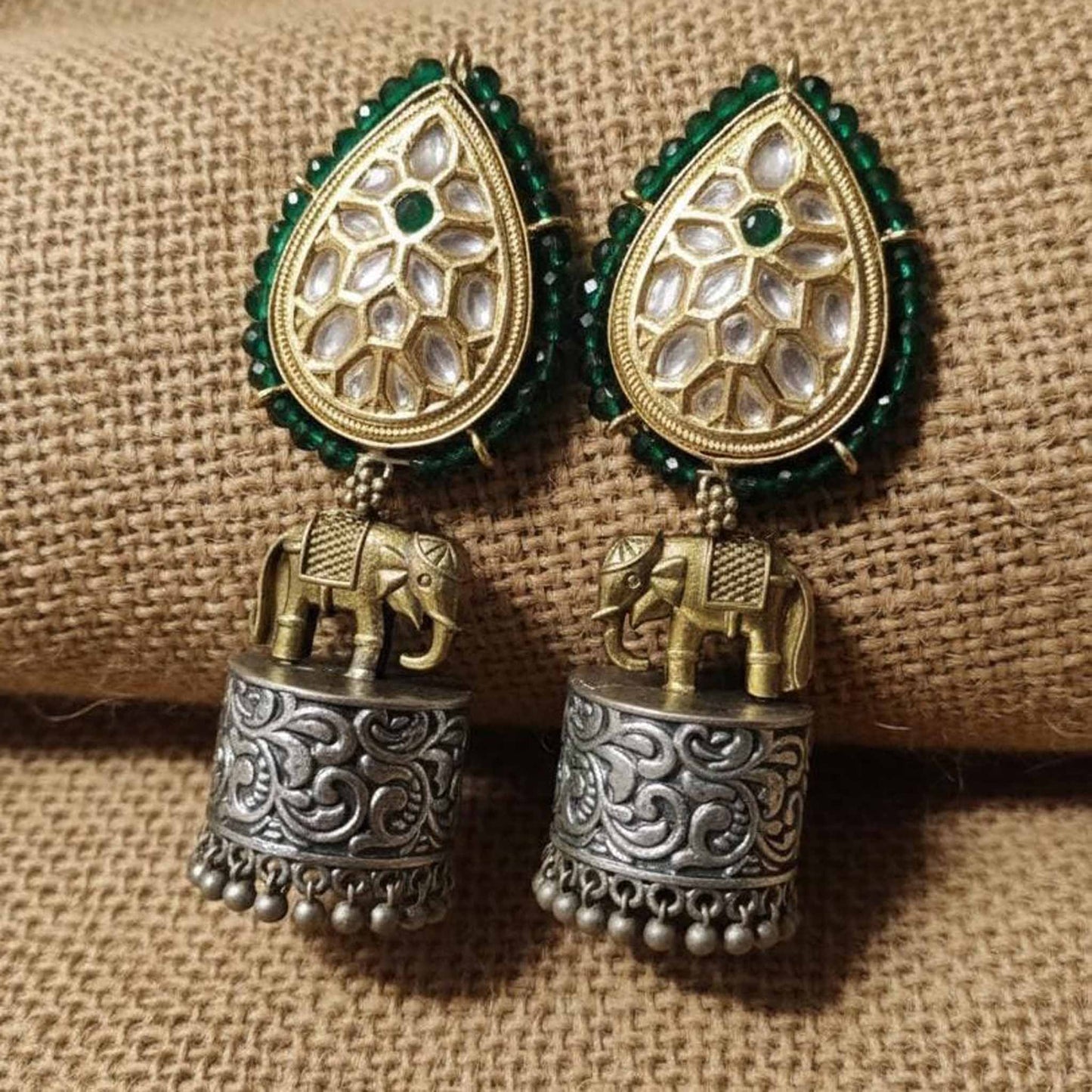 Royal Elephant Motif Kundan Jhumka Earrings with Green Beads