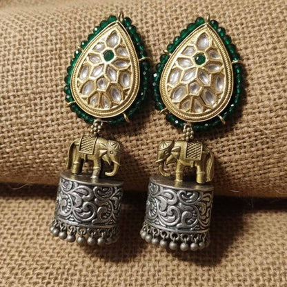 Royal Elephant Motif Kundan Jhumka Earrings with Green Beads