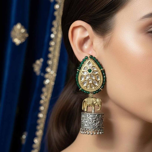 Royal Elephant Motif Kundan Jhumka Earrings with Green Beads