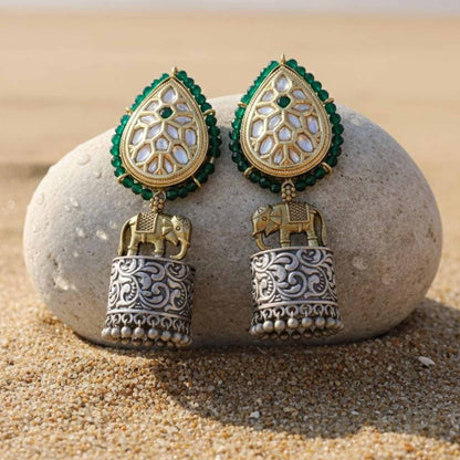 Royal Elephant Motif Kundan Jhumka Earrings with Green Beads