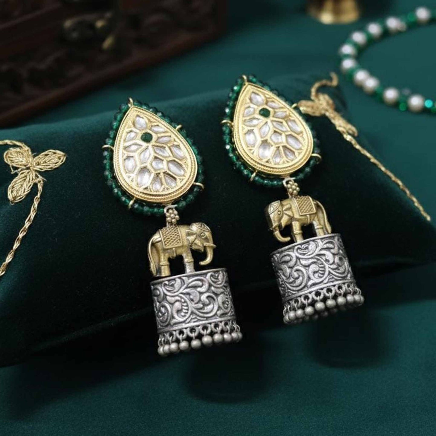 Royal Elephant Motif Kundan Jhumka Earrings with Green Beads