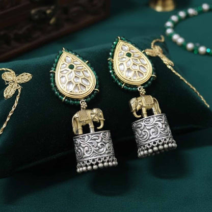 Royal Elephant Motif Kundan Jhumka Earrings with Green Beads