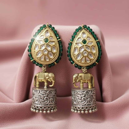 Royal Elephant Motif Kundan Jhumka Earrings with Green Beads