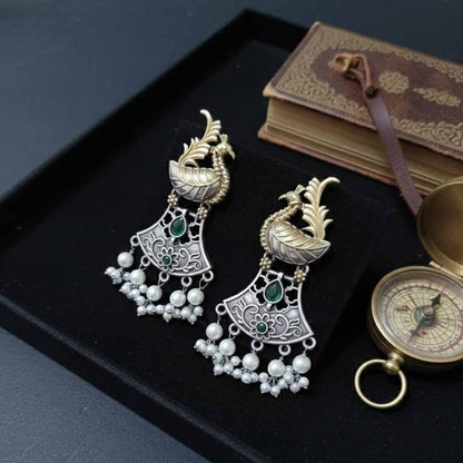 Dual Tone Peacock Motif Pearl Drop Statement Earrings