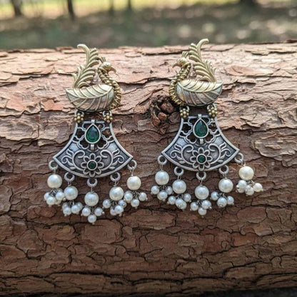 Dual Tone Peacock Motif Pearl Drop Statement Earrings