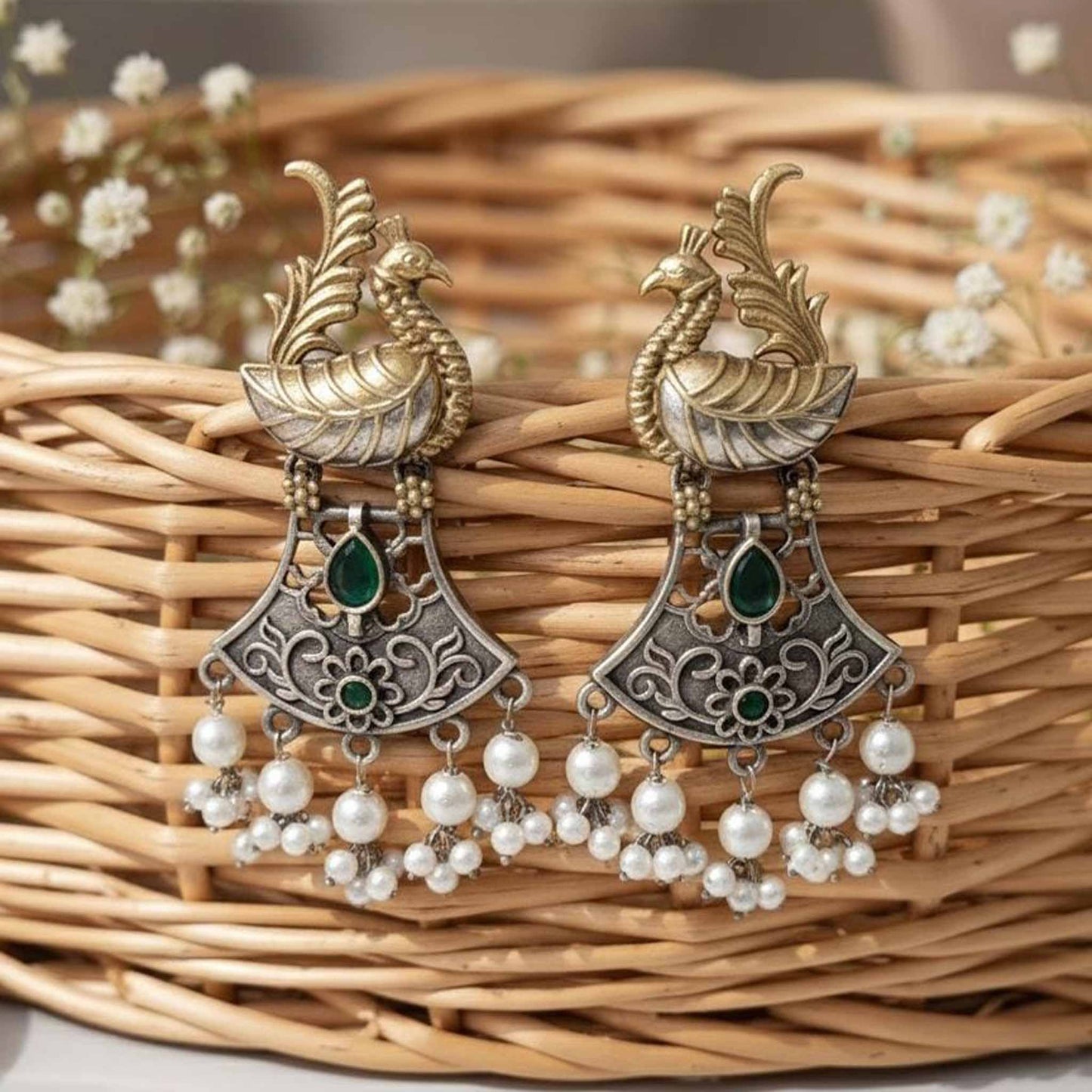 Dual Tone Peacock Motif Pearl Drop Statement Earrings