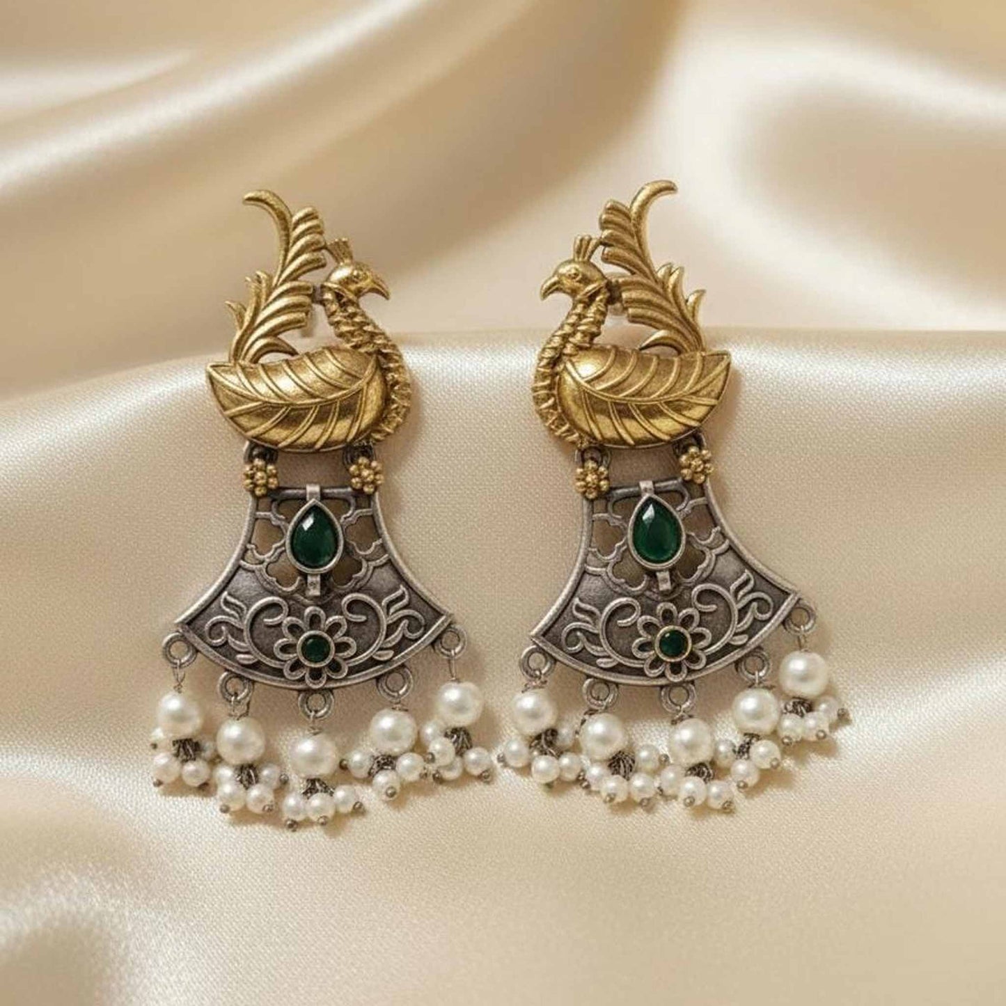 Dual Tone Peacock Motif Pearl Drop Statement Earrings