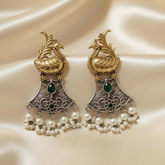 Dual Tone Peacock Motif Pearl Drop Statement Earrings