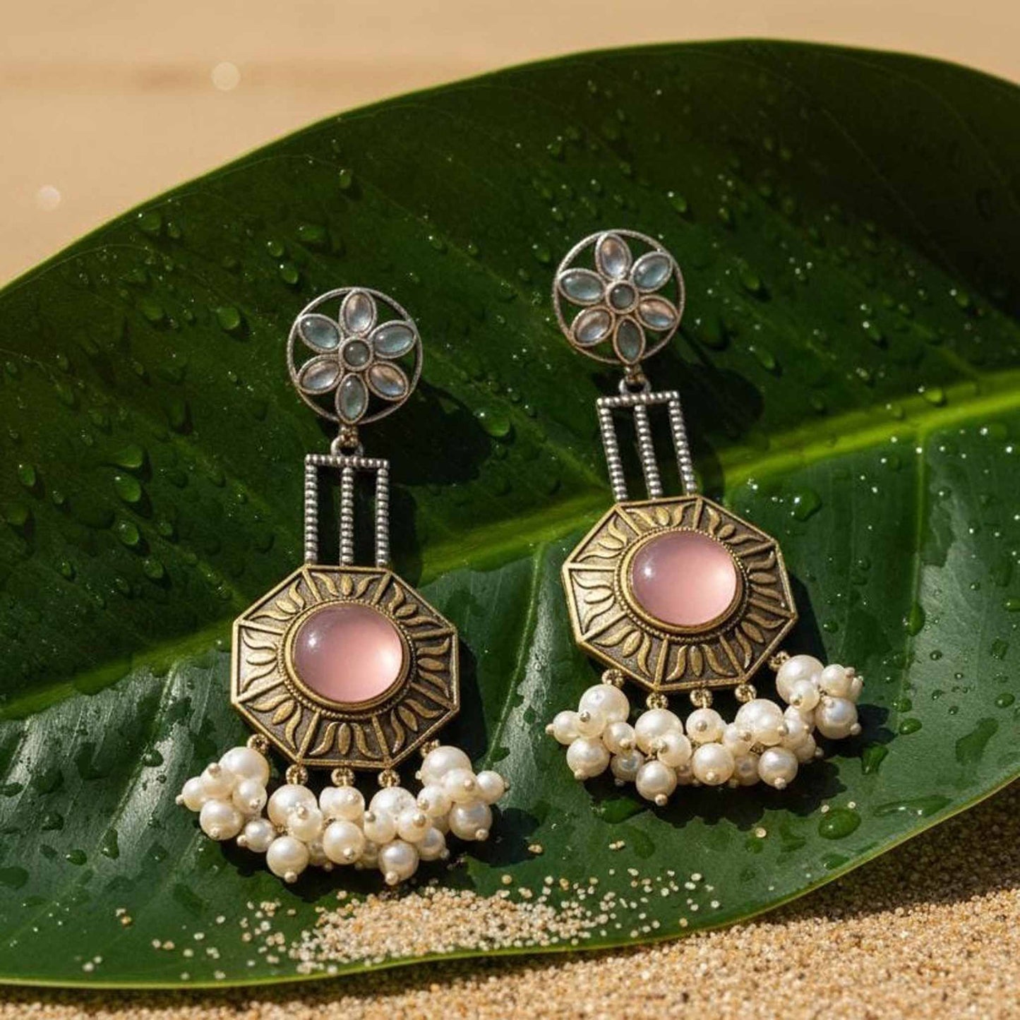 Floral Mandala Pearl Drop Statement Earrings with Pink Stone