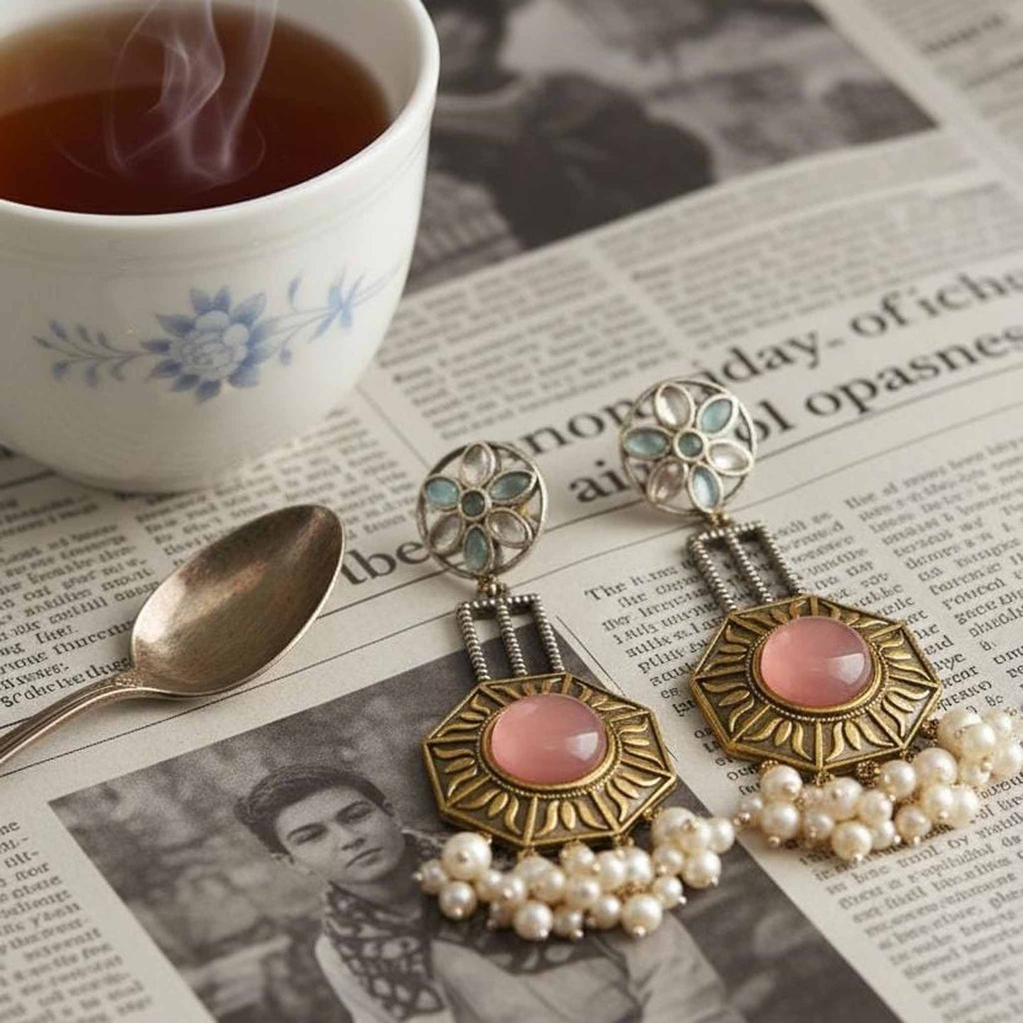 Floral Mandala Pearl Drop Statement Earrings with Pink Stone
