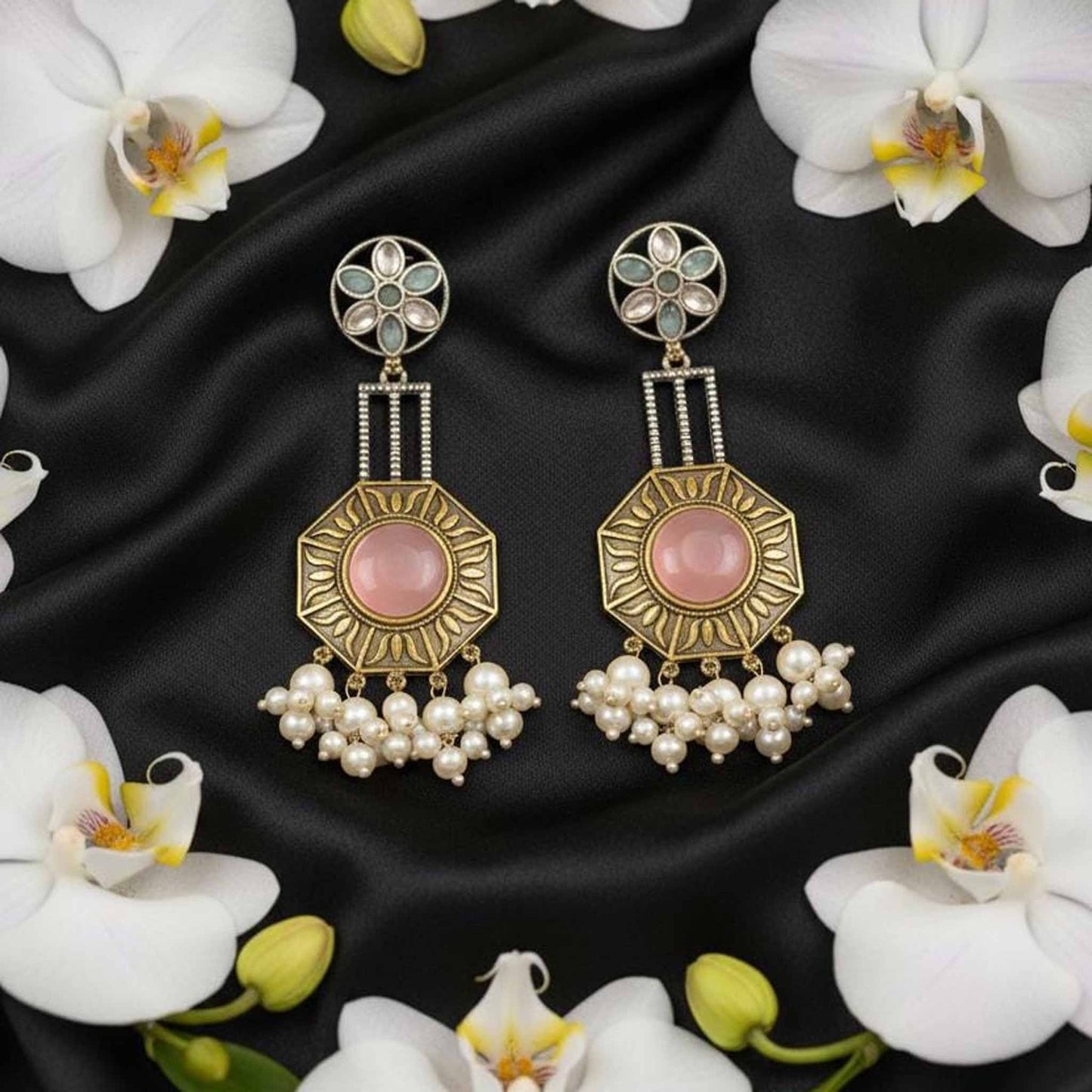 Floral Mandala Pearl Drop Statement Earrings with Pink Stone