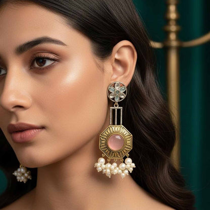 Floral Mandala Pearl Drop Statement Earrings with Pink Stone