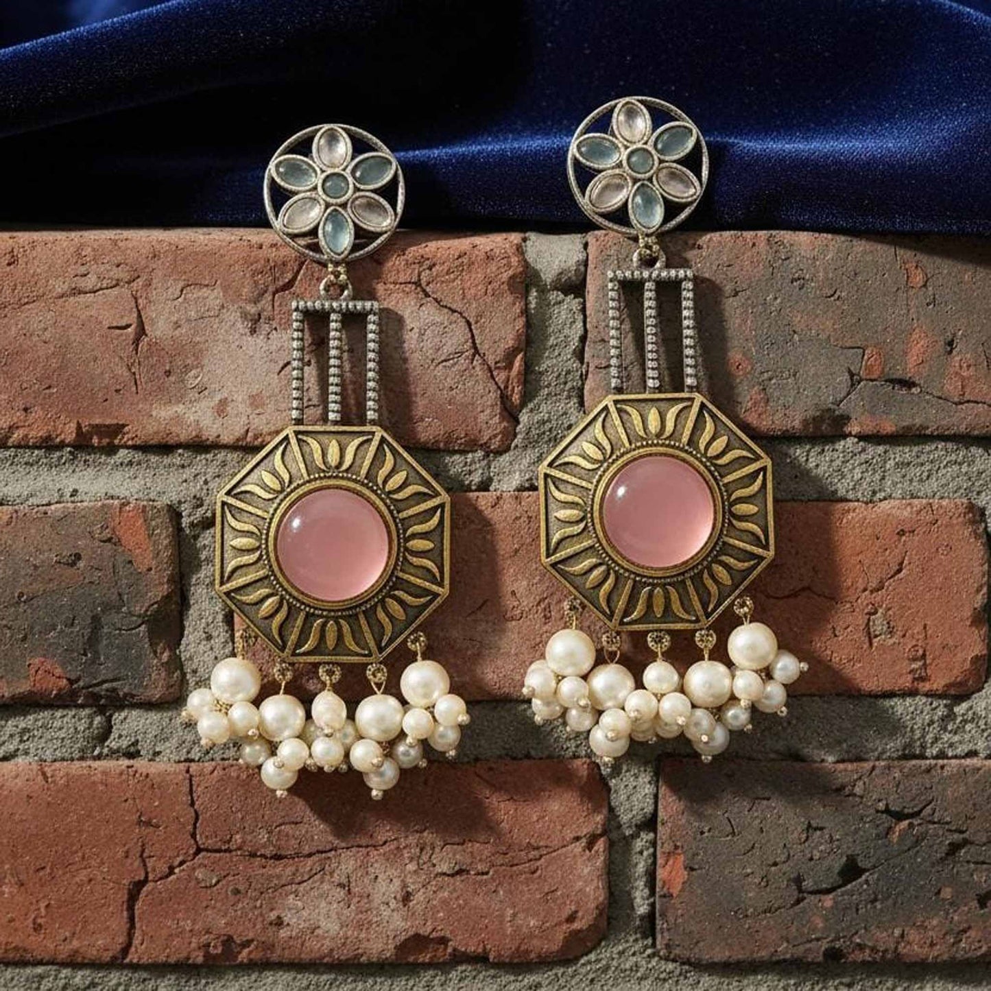 Floral Mandala Pearl Drop Statement Earrings with Pink Stone