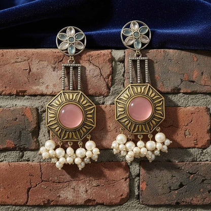 Floral Mandala Pearl Drop Statement Earrings with Pink Stone