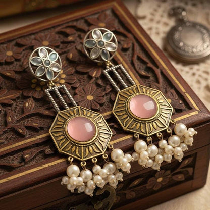 Floral Mandala Pearl Drop Statement Earrings with Pink Stone