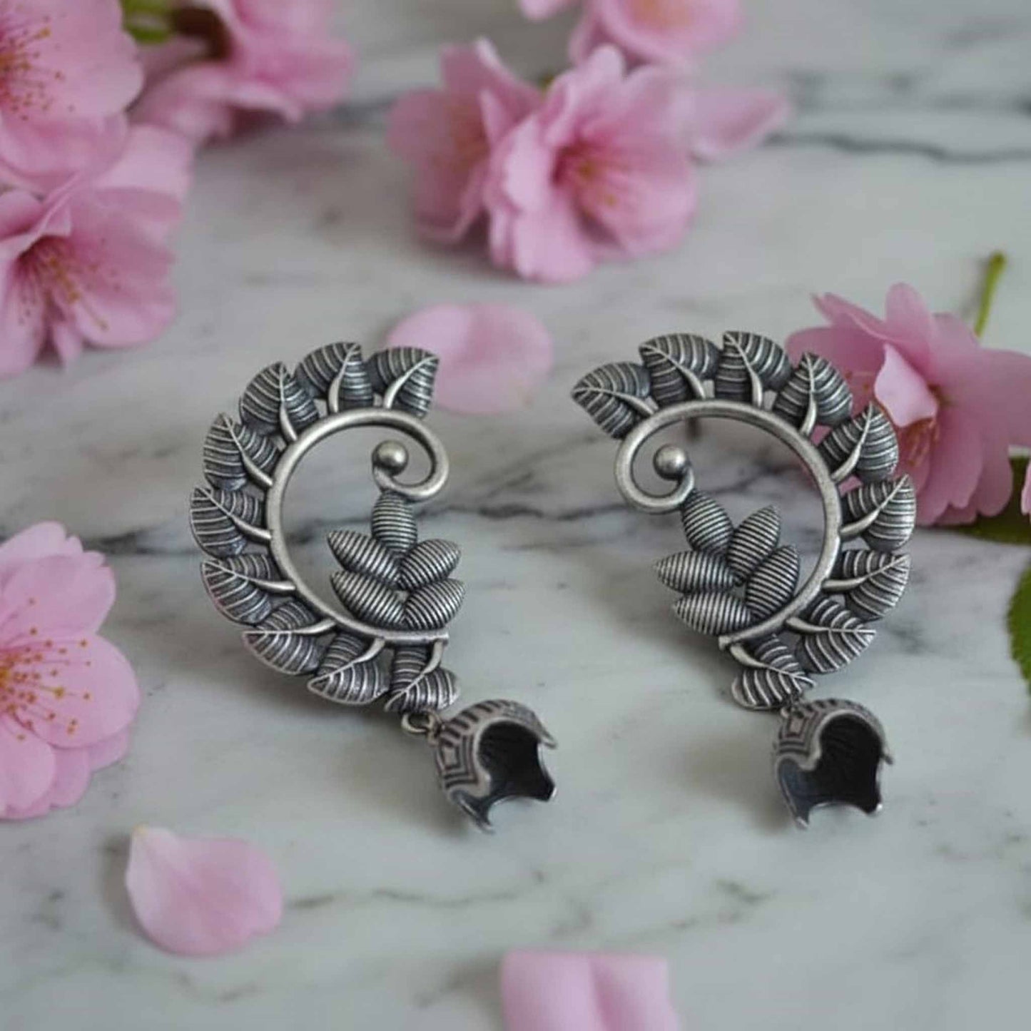 Peacock Inspired Leaf Motif Ear Cuff Statement Earrings