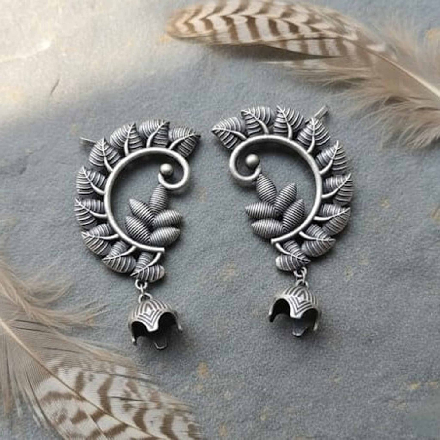 Peacock Inspired Leaf Motif Ear Cuff Statement Earrings