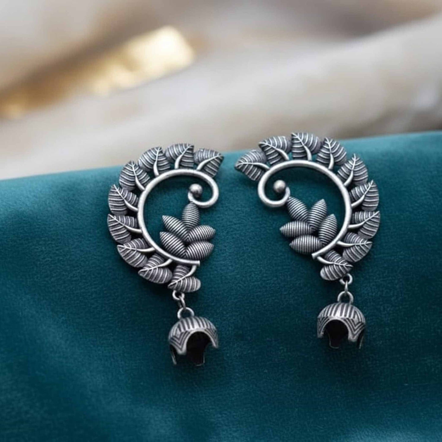Peacock Inspired Leaf Motif Ear Cuff Statement Earrings