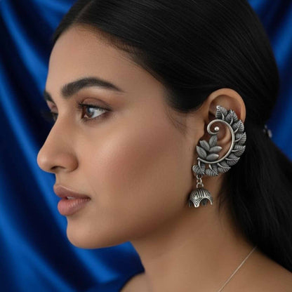 Peacock Inspired Leaf Motif Ear Cuff Statement Earrings
