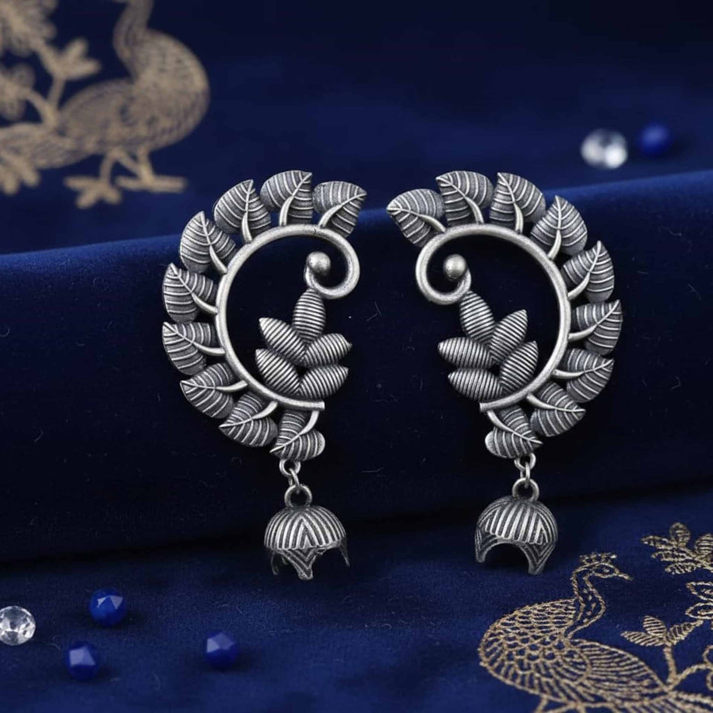 Peacock Inspired Leaf Motif Ear Cuff Statement Earrings