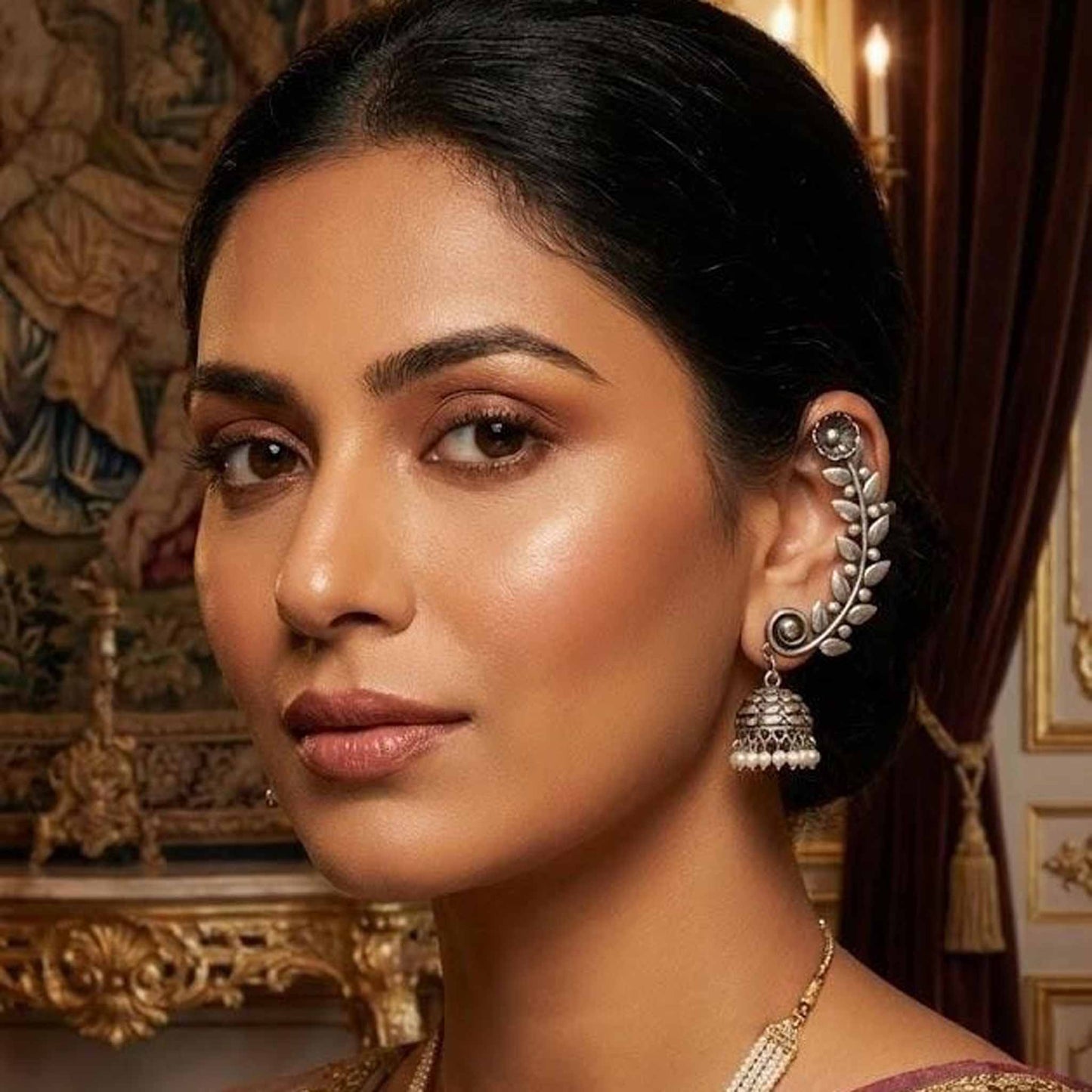 Leaf Vine Ear Cuff Style German Silver Jhumka Earrings