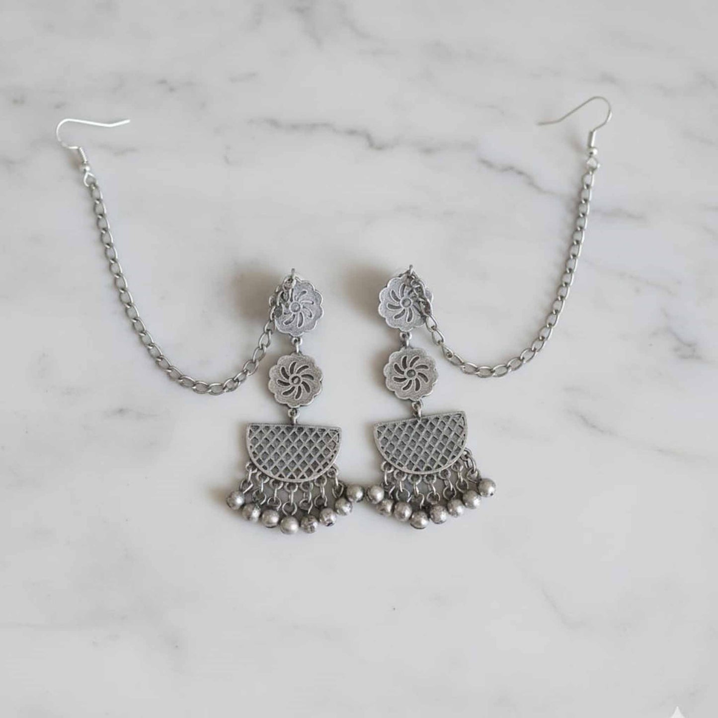 German Silver Style Drop Earring with Ear Chain