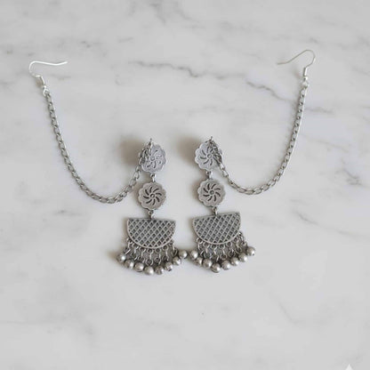 German Silver Style Drop Earring with Ear Chain