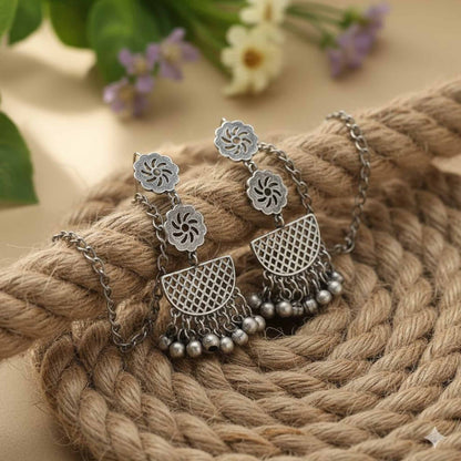German Silver Style Drop Earring with Ear Chain