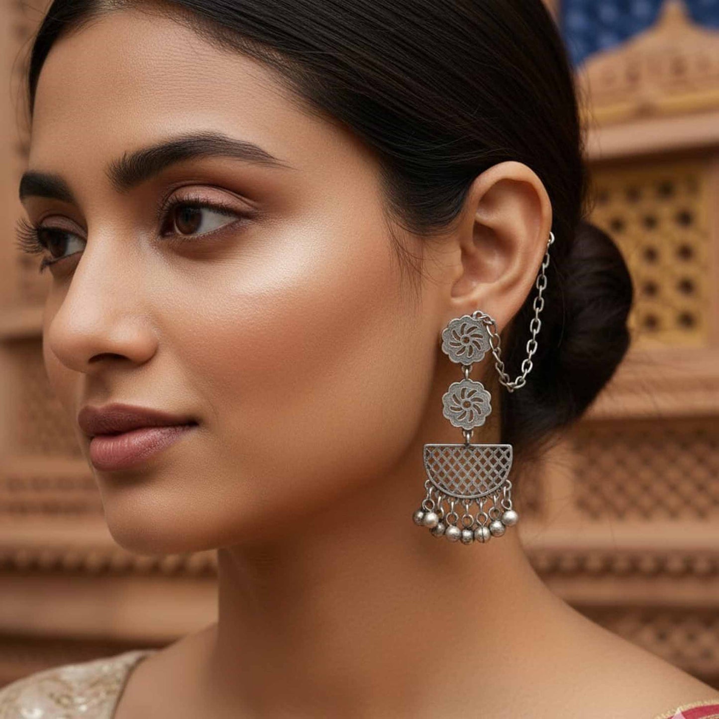 German Silver Style Drop Earring with Ear Chain