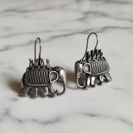 Elephant Motif German Silver Earrings – Ethnic Dangle Hook Design