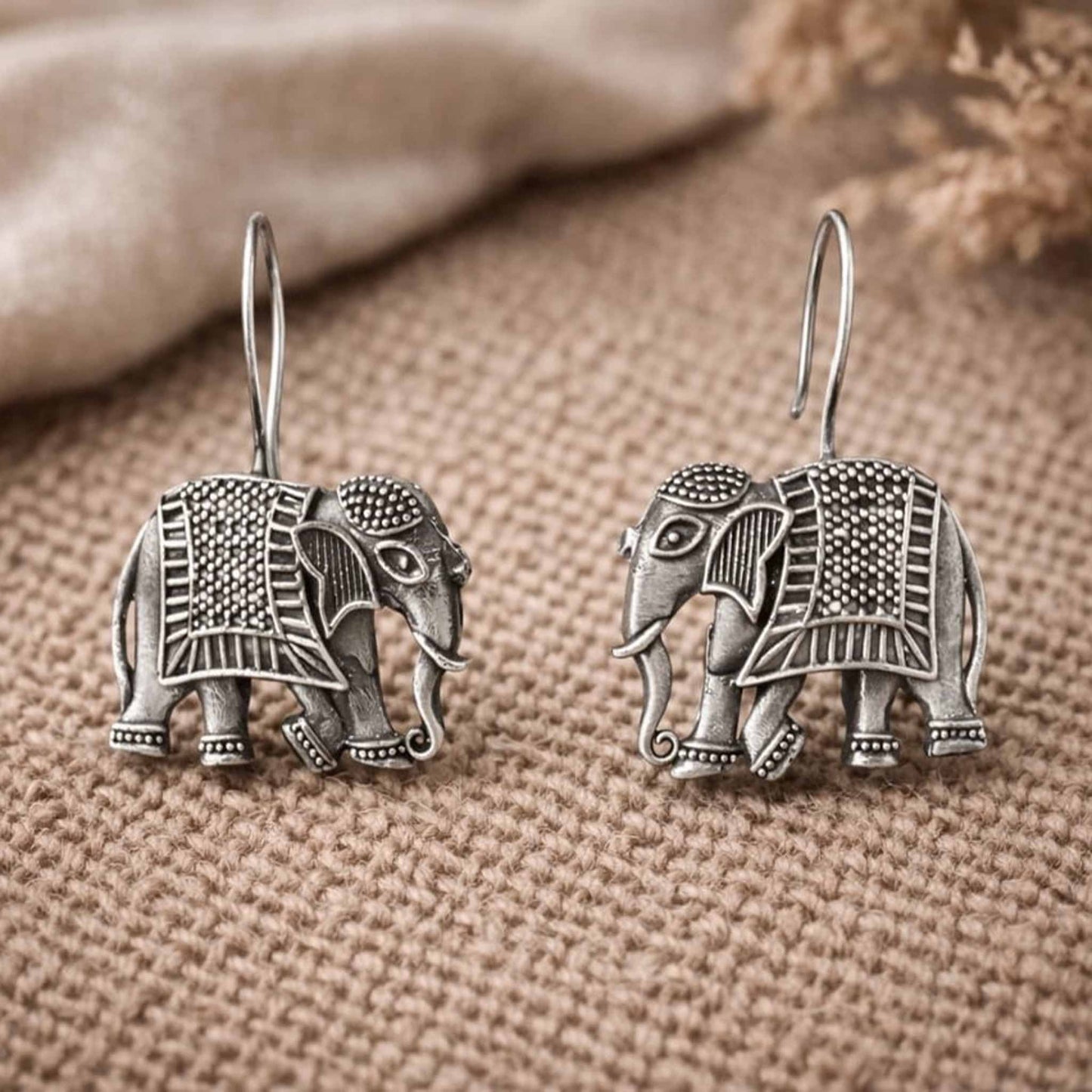 Elephant Motif German Silver Statement Drop Earrings
