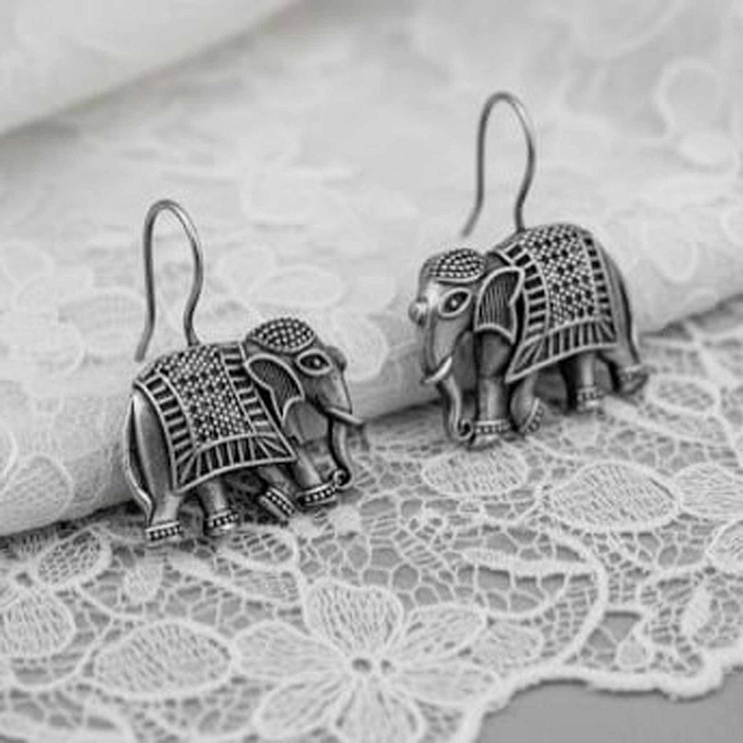 Elephant Motif German Silver Statement Drop Earrings