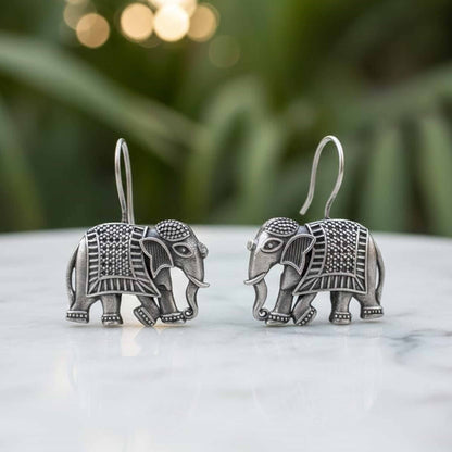 Elephant Motif German Silver Statement Drop Earrings