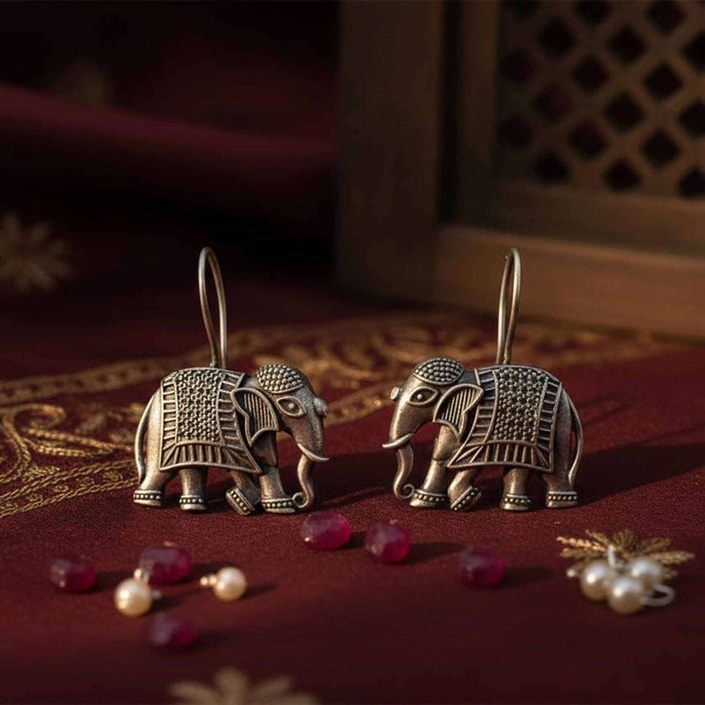Elephant Motif German Silver Statement Drop Earrings