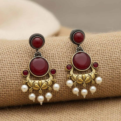Ruby Red Stone Pearl Drop Ethnic Statement Earrings