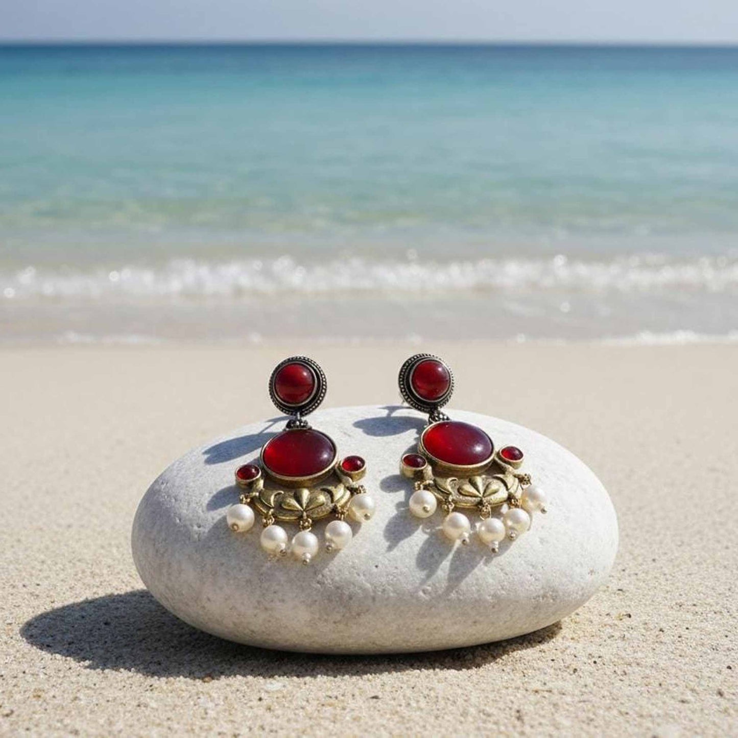 Ruby Red Stone Pearl Drop Ethnic Statement Earrings