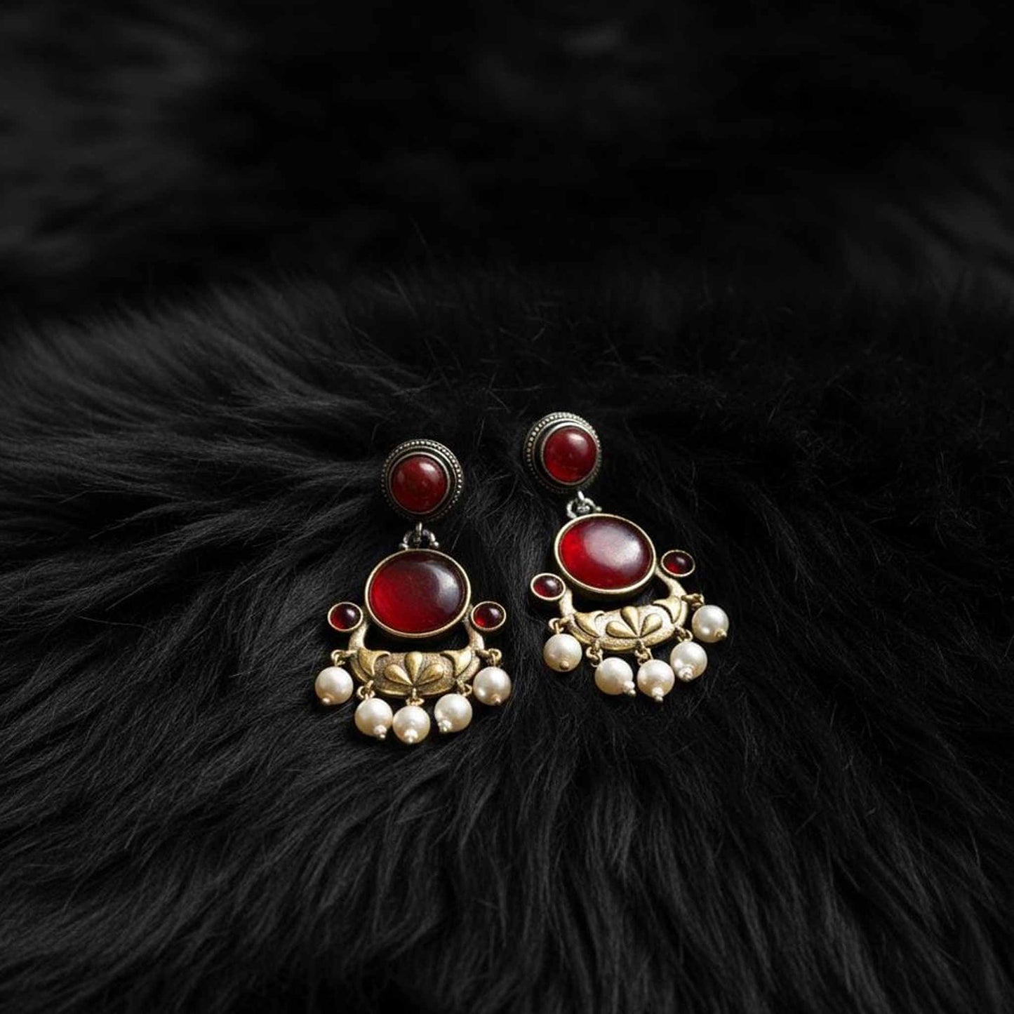 Ruby Red Stone Pearl Drop Ethnic Statement Earrings