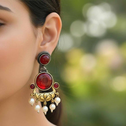 Ruby Red Stone Pearl Drop Ethnic Statement Earrings